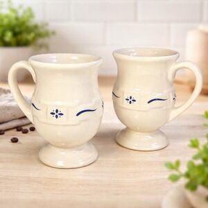 Longaberger Pottery Woven Traditions Blue Pedestal Coffee Mugs 14 oz. Set of 2